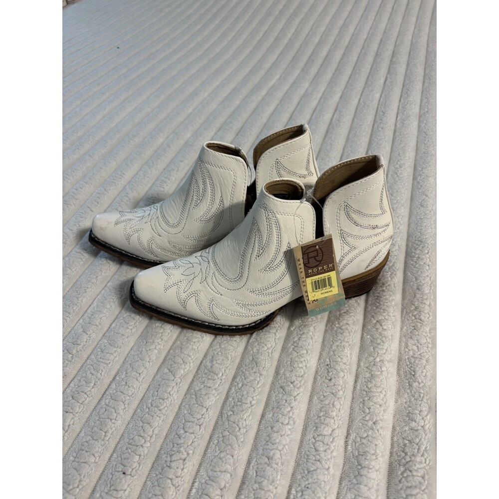 Roper Ava Embroidered Snip Toe Cowboy Booties Womens 7 White Casual Boots